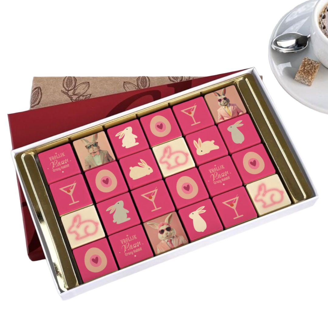 Grußkarte aus Schokolade mit 24 Schokoladenwürfeln zum Thema Ostern. Tasty Present