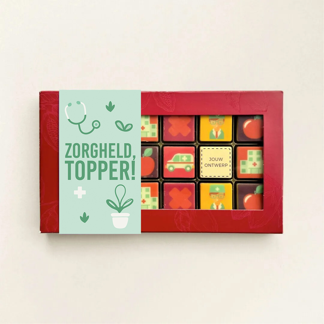 18 chocolade logoiblokjes in thema dag van de zorg met zorg design , logo mogelijkheid en zorgheld topper wikkel. Tasty Present - gepersonaliseerde chocolade