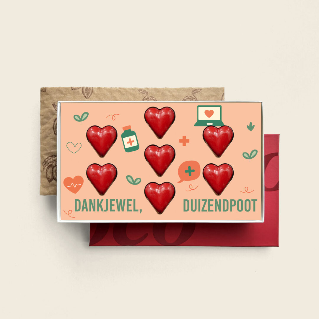 Rote Herzbonbons mit köstlicher Füllung zum Thema „Tag der Pflege“ Vielen Dank, Tausendsassa. Tasty Present – personalisierte Schokolade
