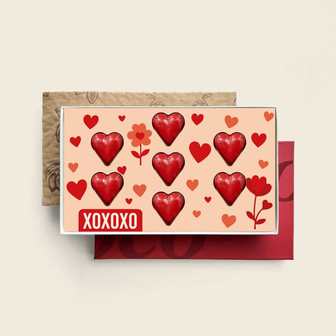 Schokoladenherzen XOXOXO Bonbons für Valentinstag, Muttertag und Vatertag. Leckere personalisierte Schokoladengeschenke